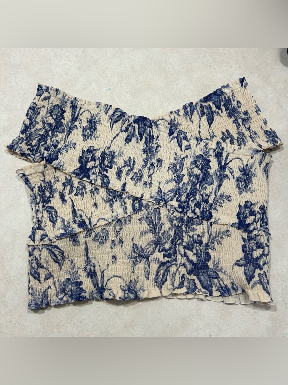 Express Beige and Navy Blue Floral Off-Shoulder Top